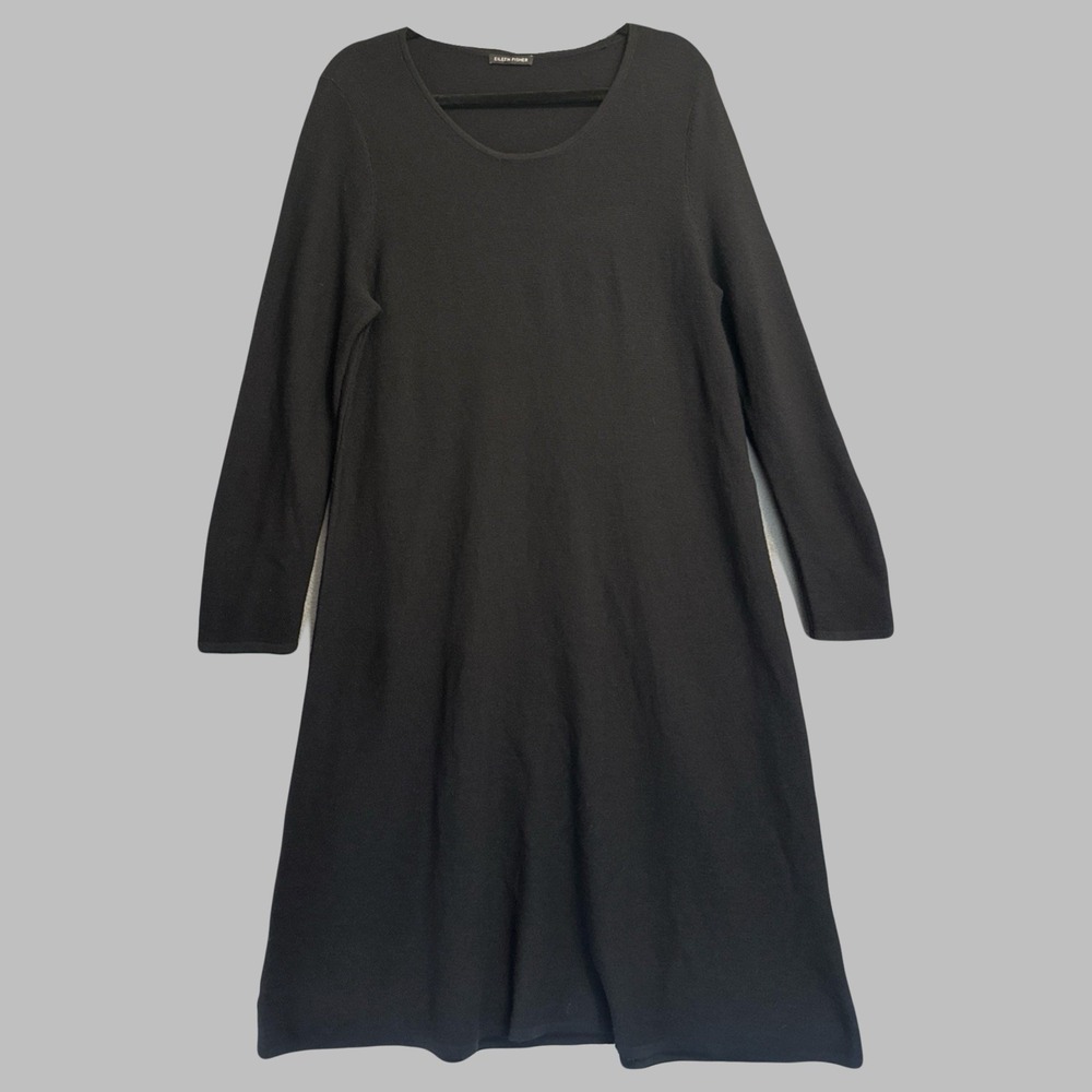 Eileen Fisher Merino Wool Midi Dress L/S Womens L Black Minimalist Quiet Luxury